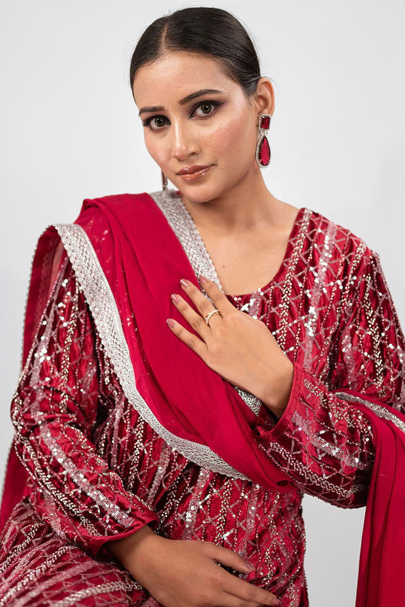 Royal Maroon Velvet Sequined Suit with Hand Embroidery & Zarcon Work