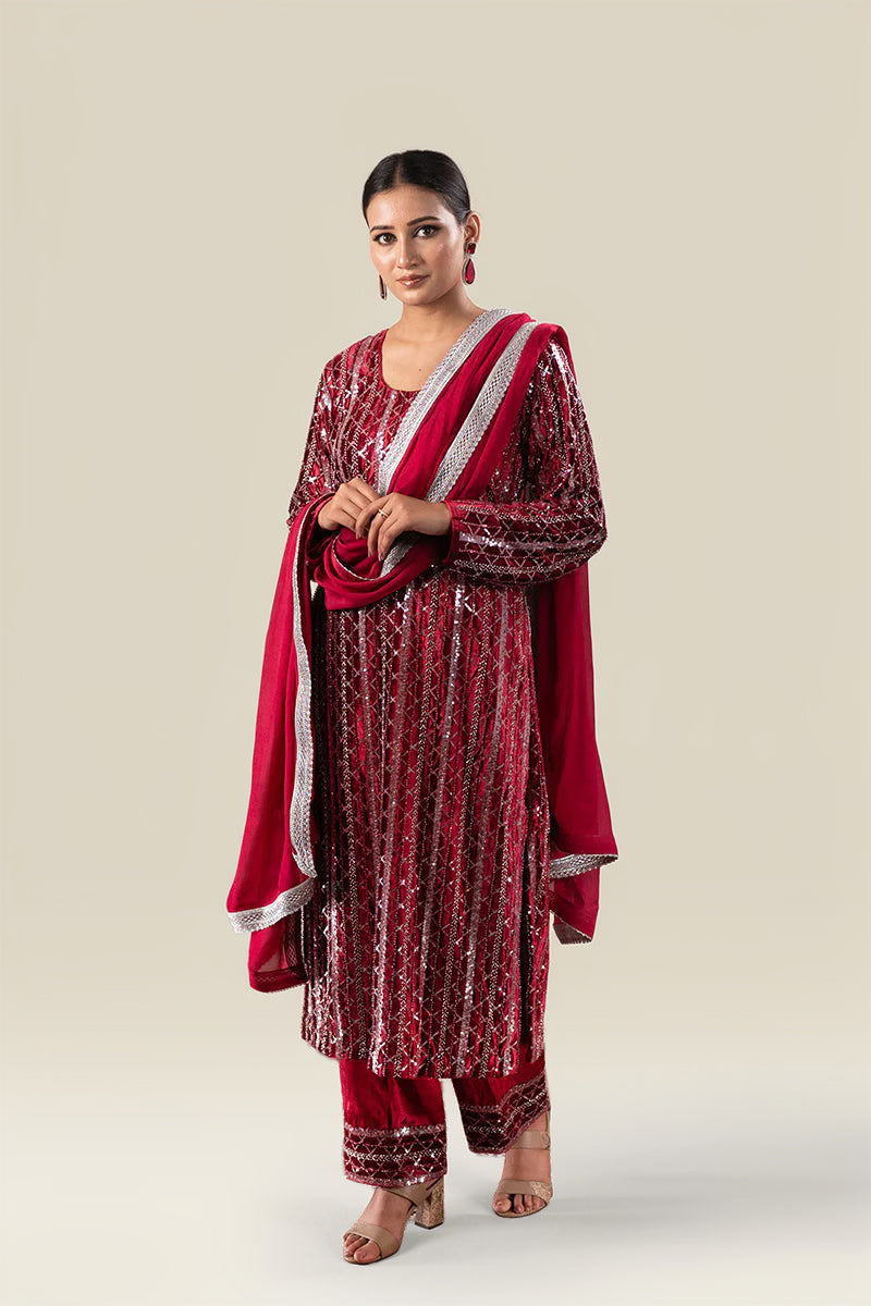 Royal Maroon Velvet Sequined Suit with Hand Embroidery & Zarcon Work