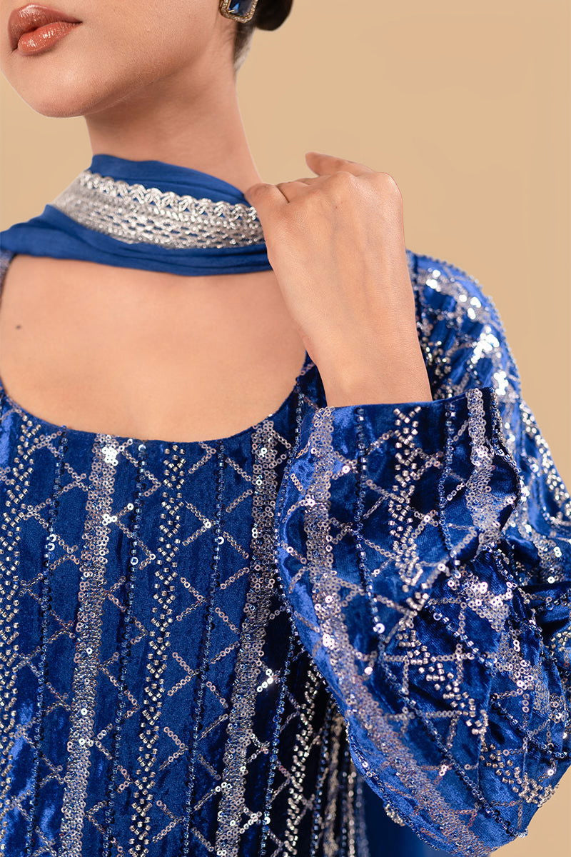 Royal Blue Velvet Sequined Suit with Hand Embroidery & Zarcon Work