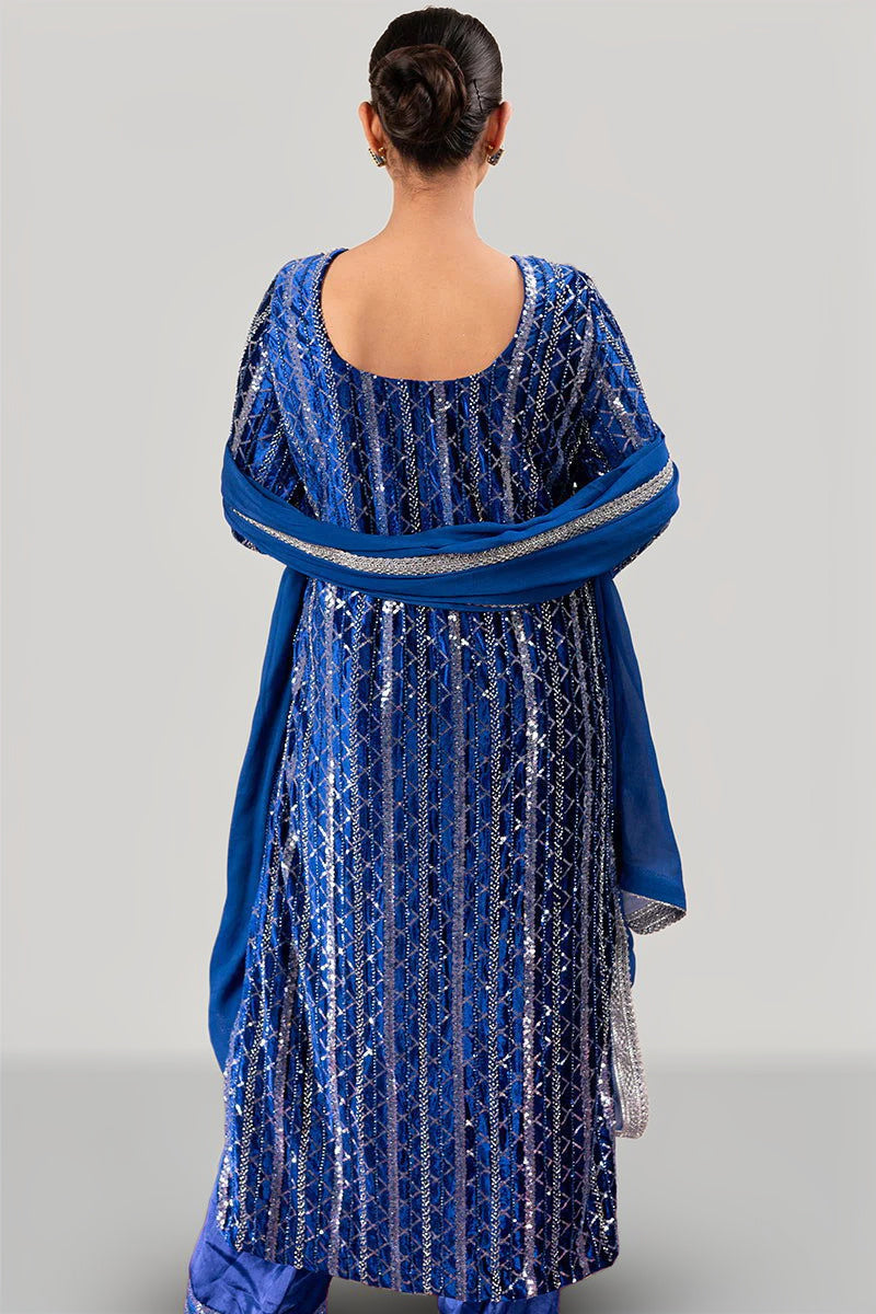Royal Blue Velvet Sequined Suit with Hand Embroidery & Zarcon Work