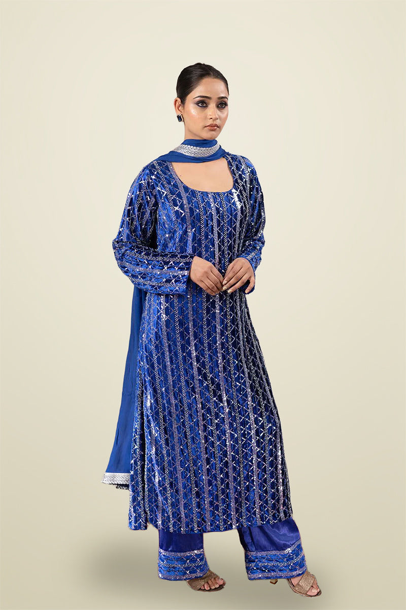 Royal Blue Velvet Sequined Suit with Hand Embroidery & Zarcon Work