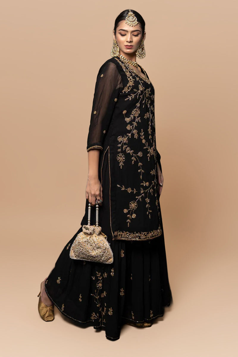 Black Georgette Handwork Zardozi Suit with Garara Set