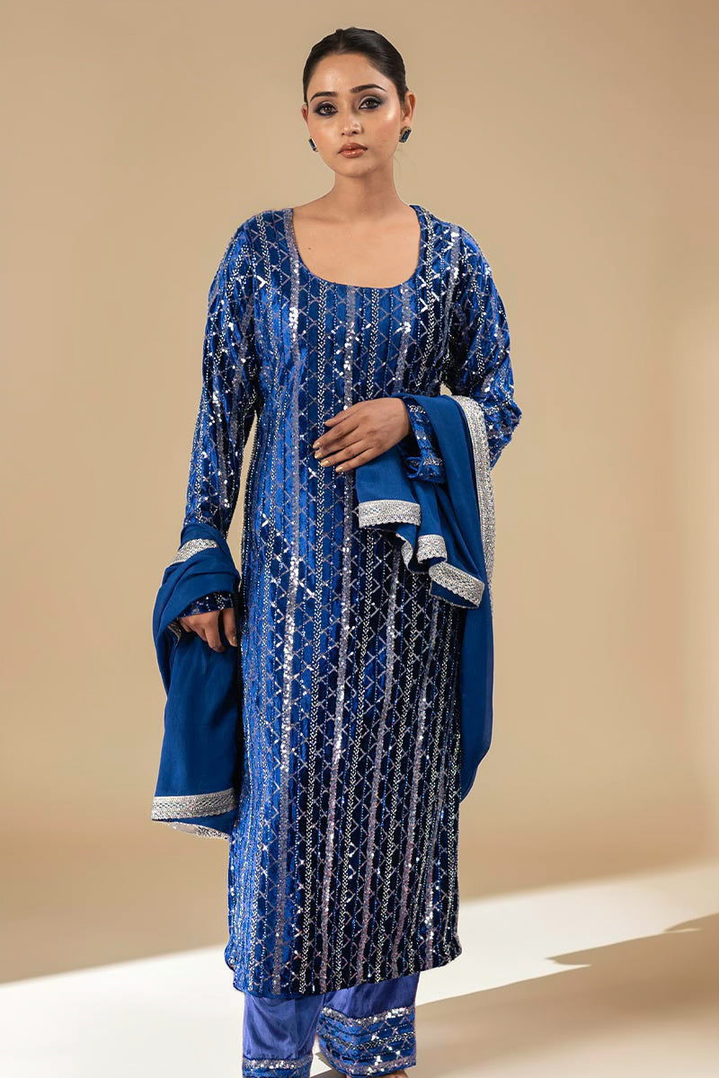 Royal Blue Velvet Sequined Suit with Hand Embroidery & Zarcon Work