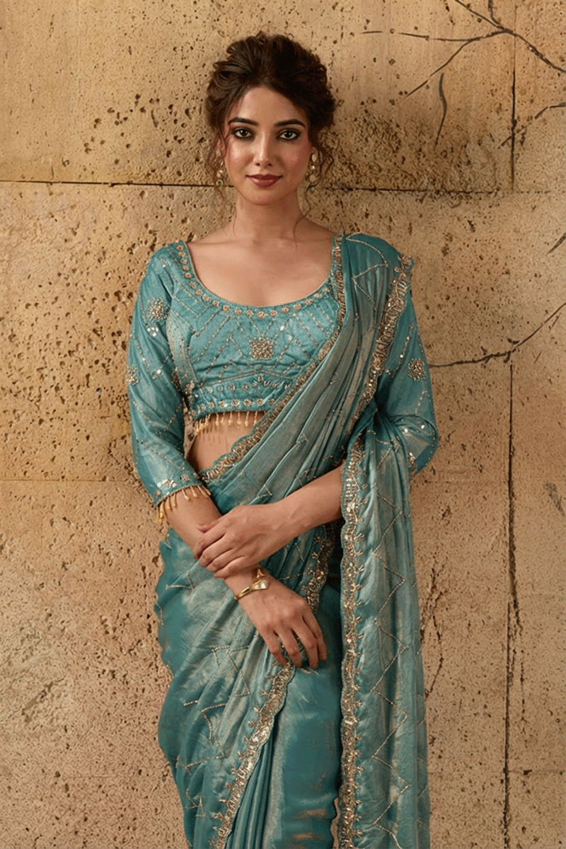 Teal Green Organza Saree with Hand Embroidery with Stitched Blouse