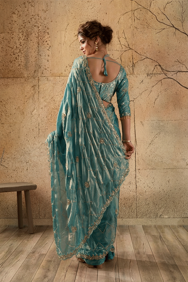 Teal Green Organza Saree with Hand Embroidery with Stitched Blouse