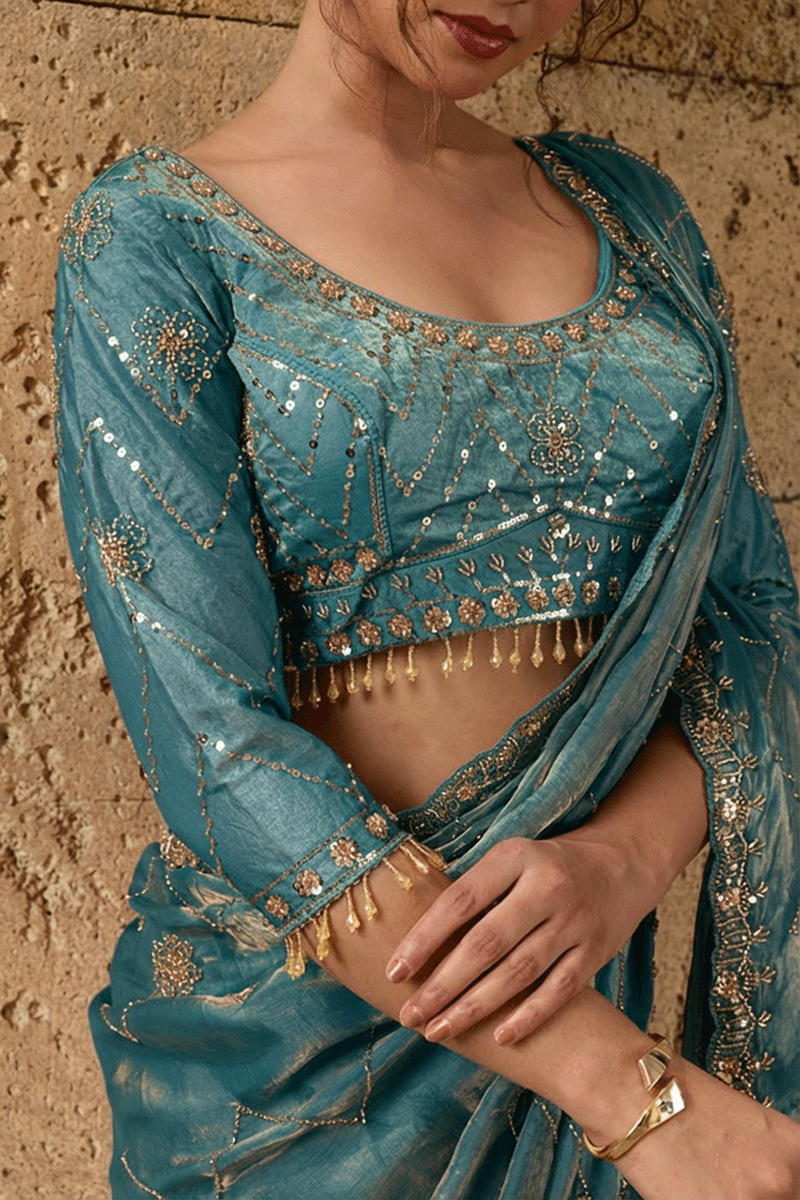 Teal Green Organza Saree with Hand Embroidery with Stitched Blouse