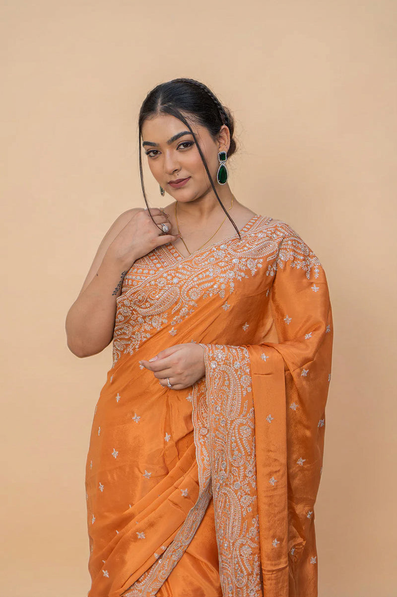 Two Blouse Concept – Rust Orange Crepe Silk Saree with Sequin and Zari Work