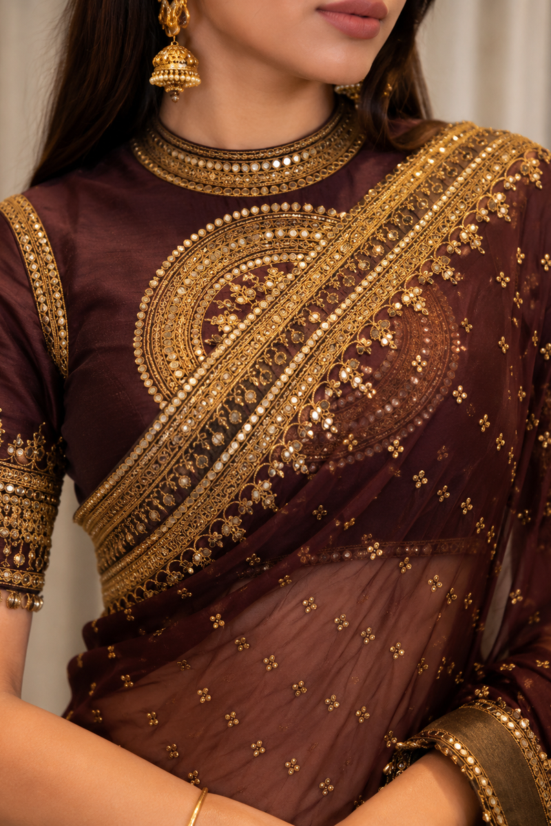 Wine Maroon Organza Saree with Rich Embroidered Gold Border