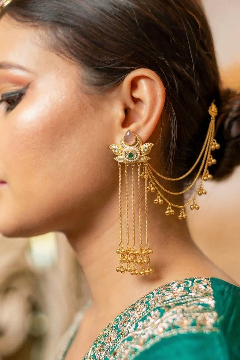 Antique Gold Kundan Earrings with Rose Pink Stone & Gold Tassels