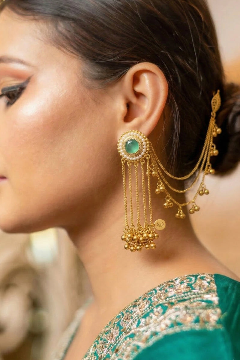 Gold-Tone Kundan Style Ear Cuffs with Green Stone Detailing & Pearl Drops