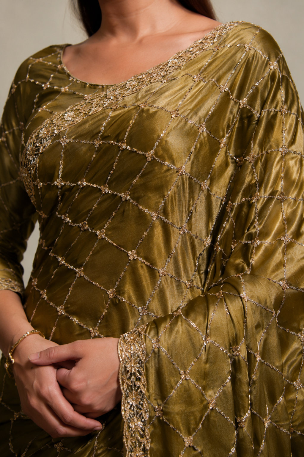 Mehandi Green Organza Silk Saree with Hand Embroidery with Stitched Blouse