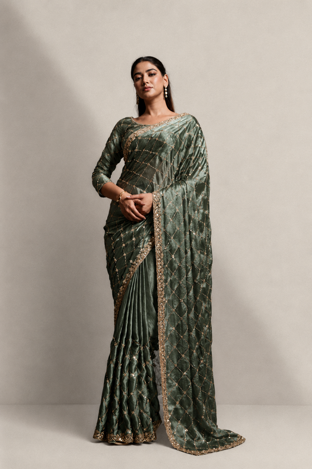 Mint Green Organza Silk Saree with Hand Embroidery with Stitched Blouse