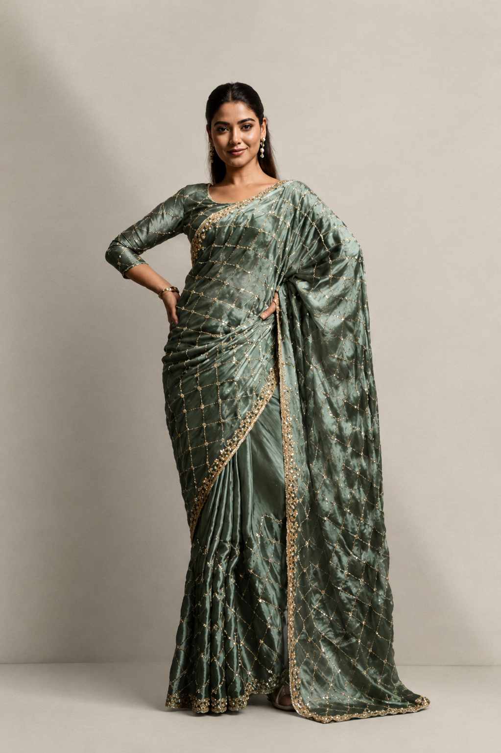 Mint Green Organza Silk Saree with Hand Embroidery with Stitched Blouse