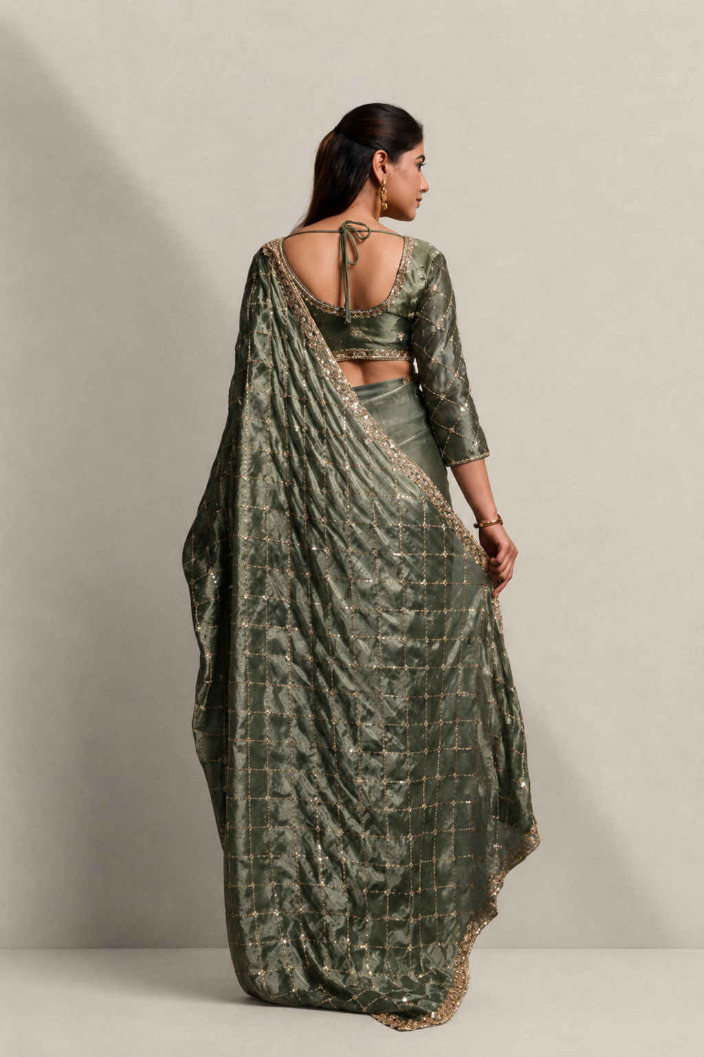 Mint Green Organza Silk Saree with Hand Embroidery with Stitched Blouse