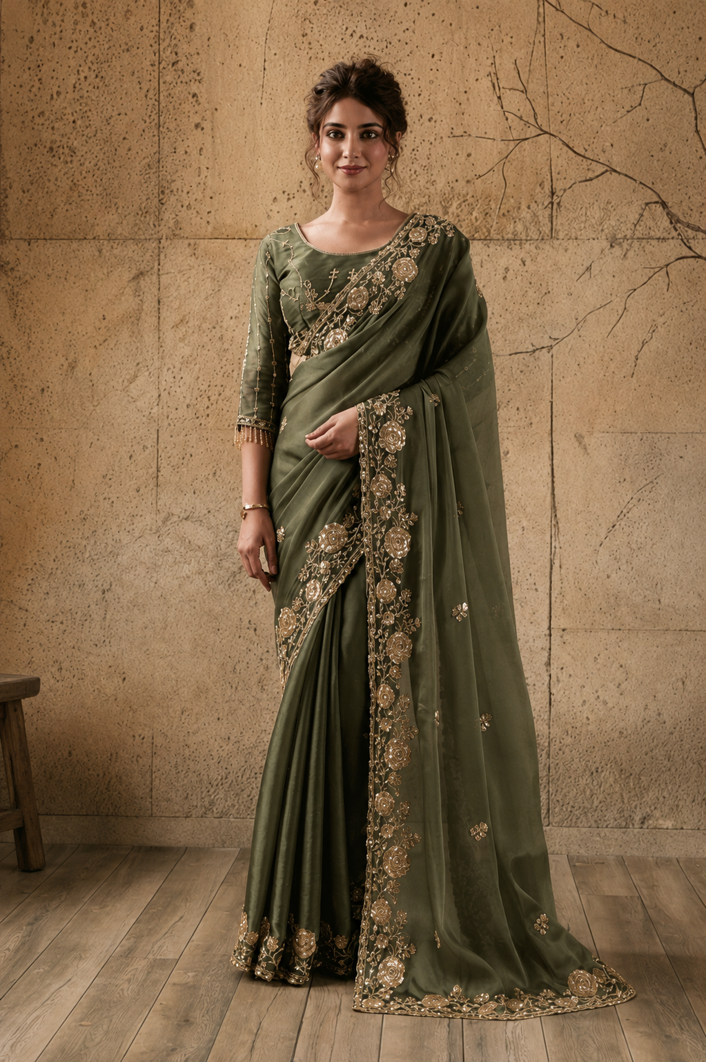 Mehandi Green Organza Saree with Floral Hand Embroidery