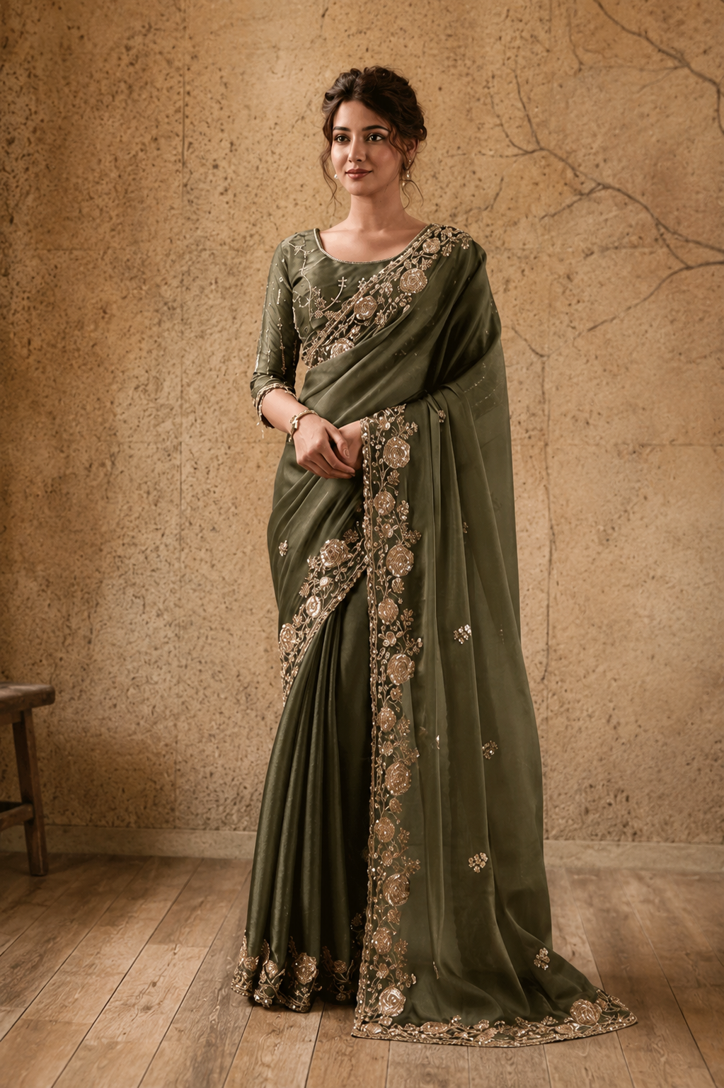 Mehandi Green Organza Saree with Floral Hand Embroidery
