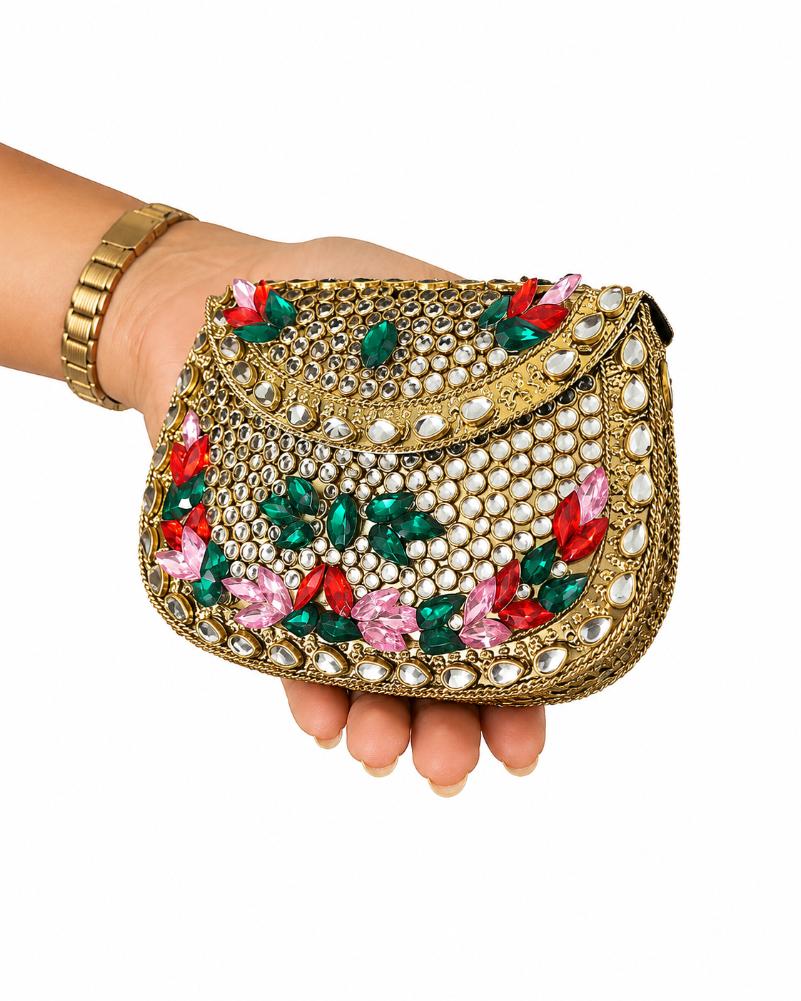 Golden Clutch with Multicolor Kundan Stone Work