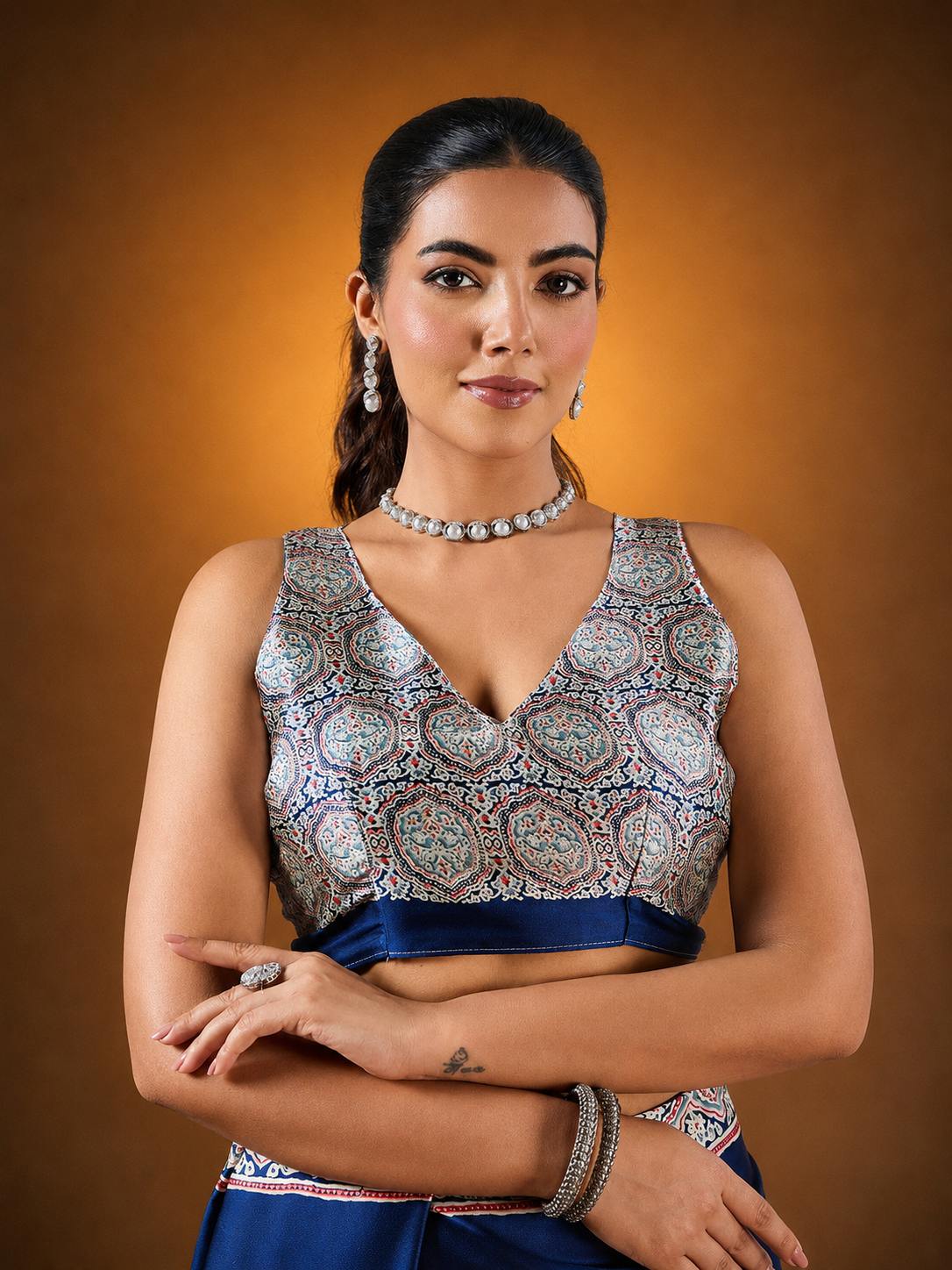 Dark Navy Blue Pure Satin Modal Silk Saree with Ajrakh Print Work