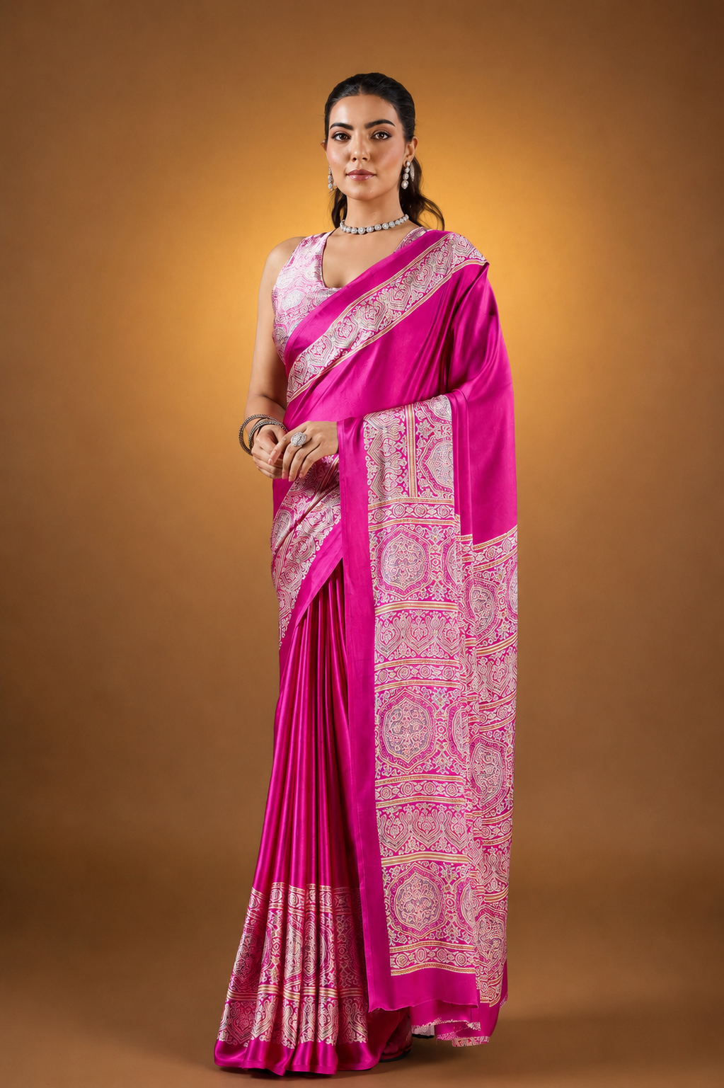 Fushcia Pink Satin Modal Silk Saree with Ajrakh Print