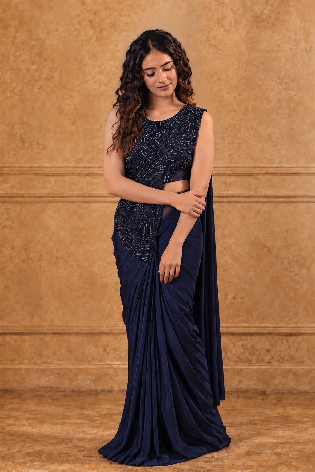 Navy Blue Lycra Pre-Draped Saree with Sequin Embroidered Blouse