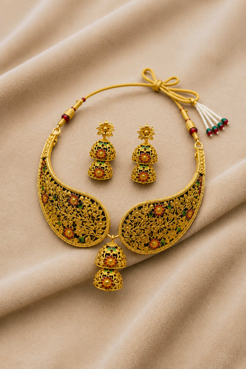 18K Gold Polished Anti-Tarnish Traditional Floral Filigree Choker Necklace Set with Red & Green Meenakari