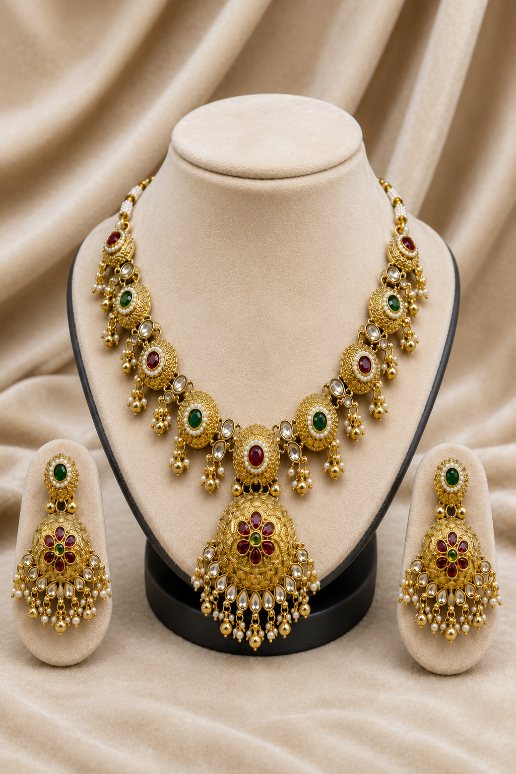 Gold-Tone Anti-Tarnish Kundan Necklace Set with Floral Pendant, Ruby & Green Stone Design