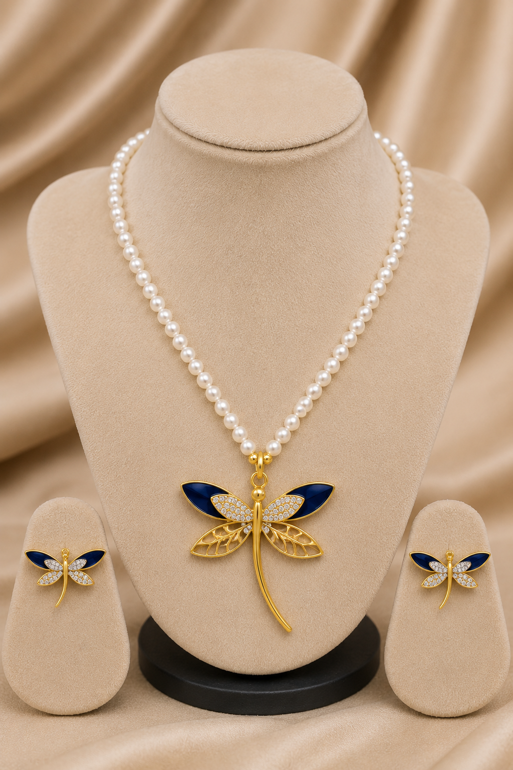 Gold-Tone Anti-Tarnish Blue Enamel Dragonfly Pearl Necklace Set with CZ Earrings