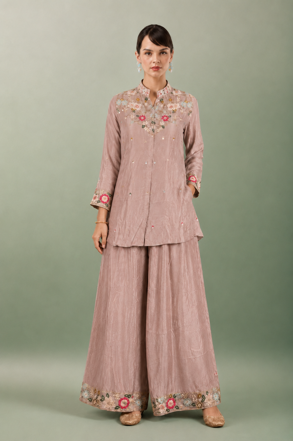 Pastel Pink Chinon Silk Cord Set with Multi-Color Floral Embroidery
