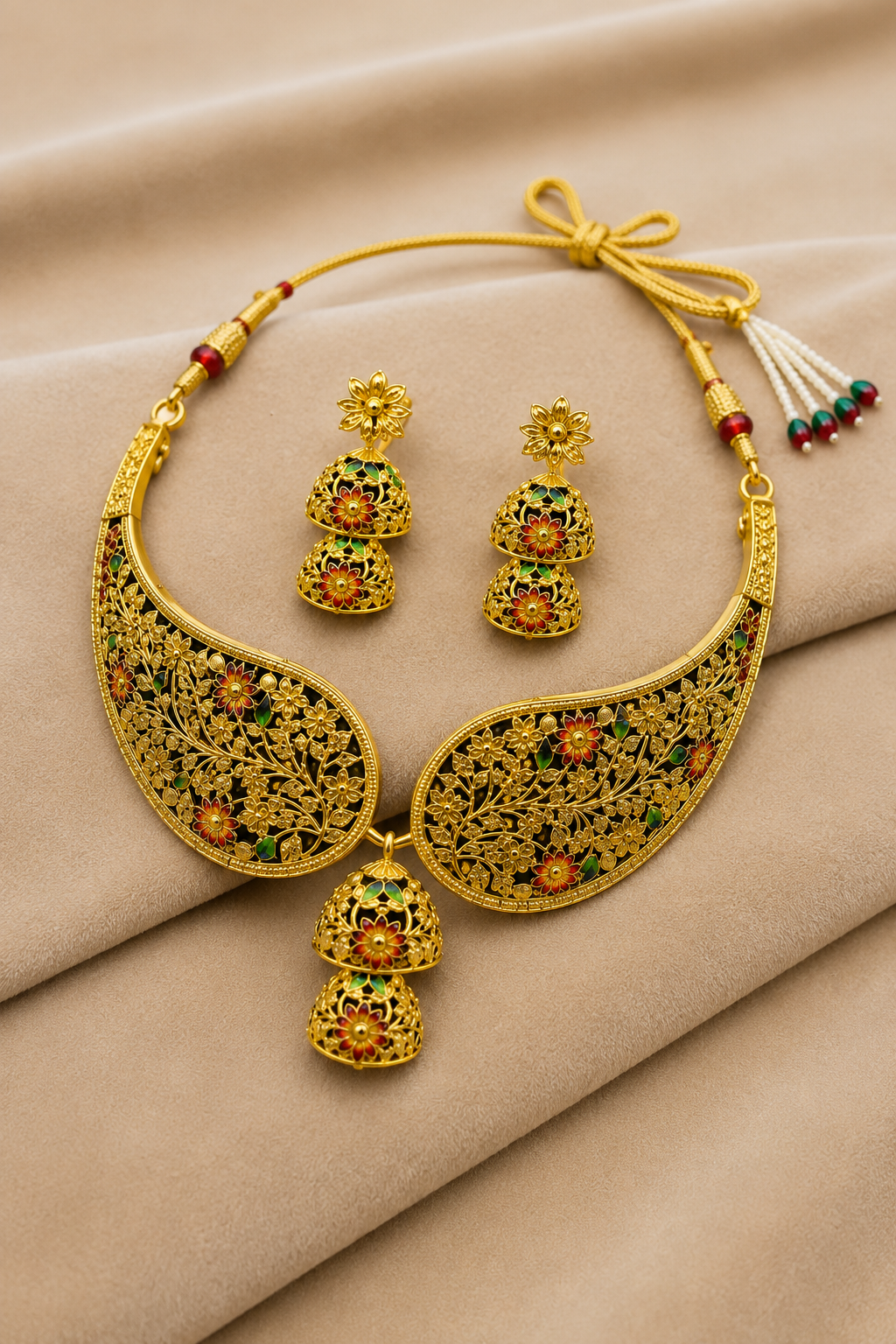 18K Gold Polished Anti-Tarnish Traditional Floral Filigree Choker Necklace Set with Red & Green Meenakari