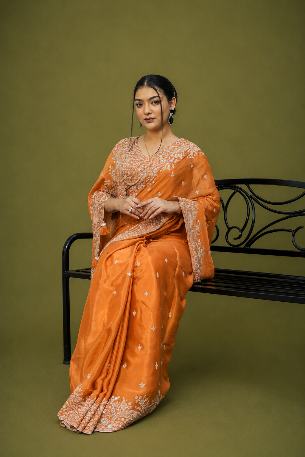 Two Blouse Concept – Rust Orange Crepe Silk Saree with Sequin and Zari Work