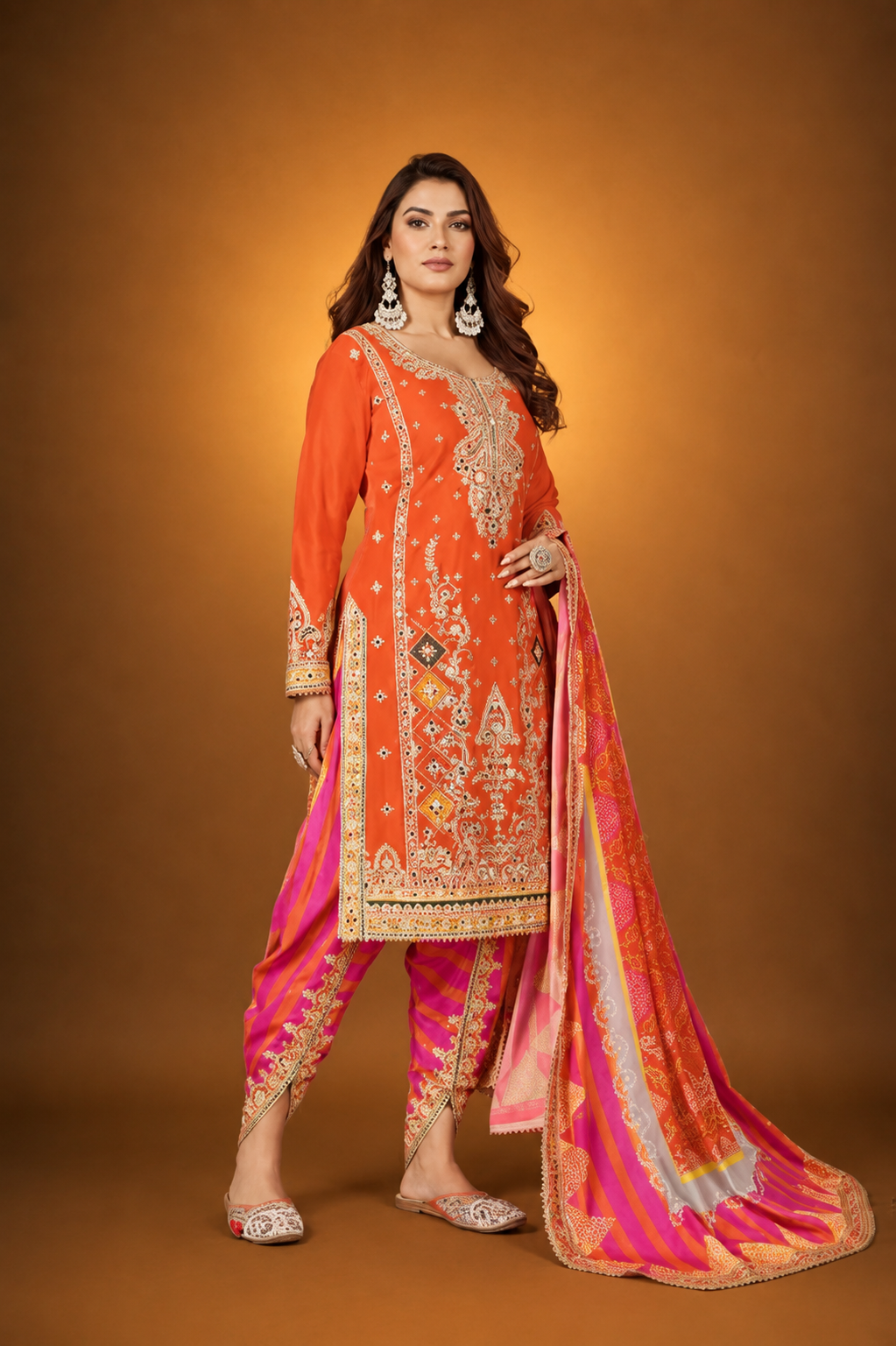 Orange Silk Suit with Zari Embroidery with Designer Dhoti Pant & Dupatta