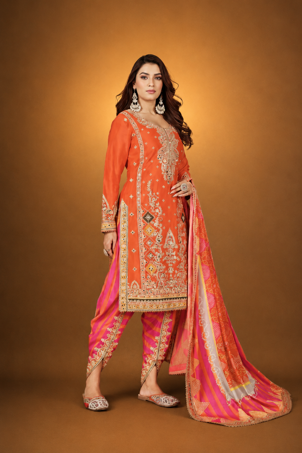 Orange Silk Suit with Zari Embroidery with Designer Dhoti Pant & Dupatta