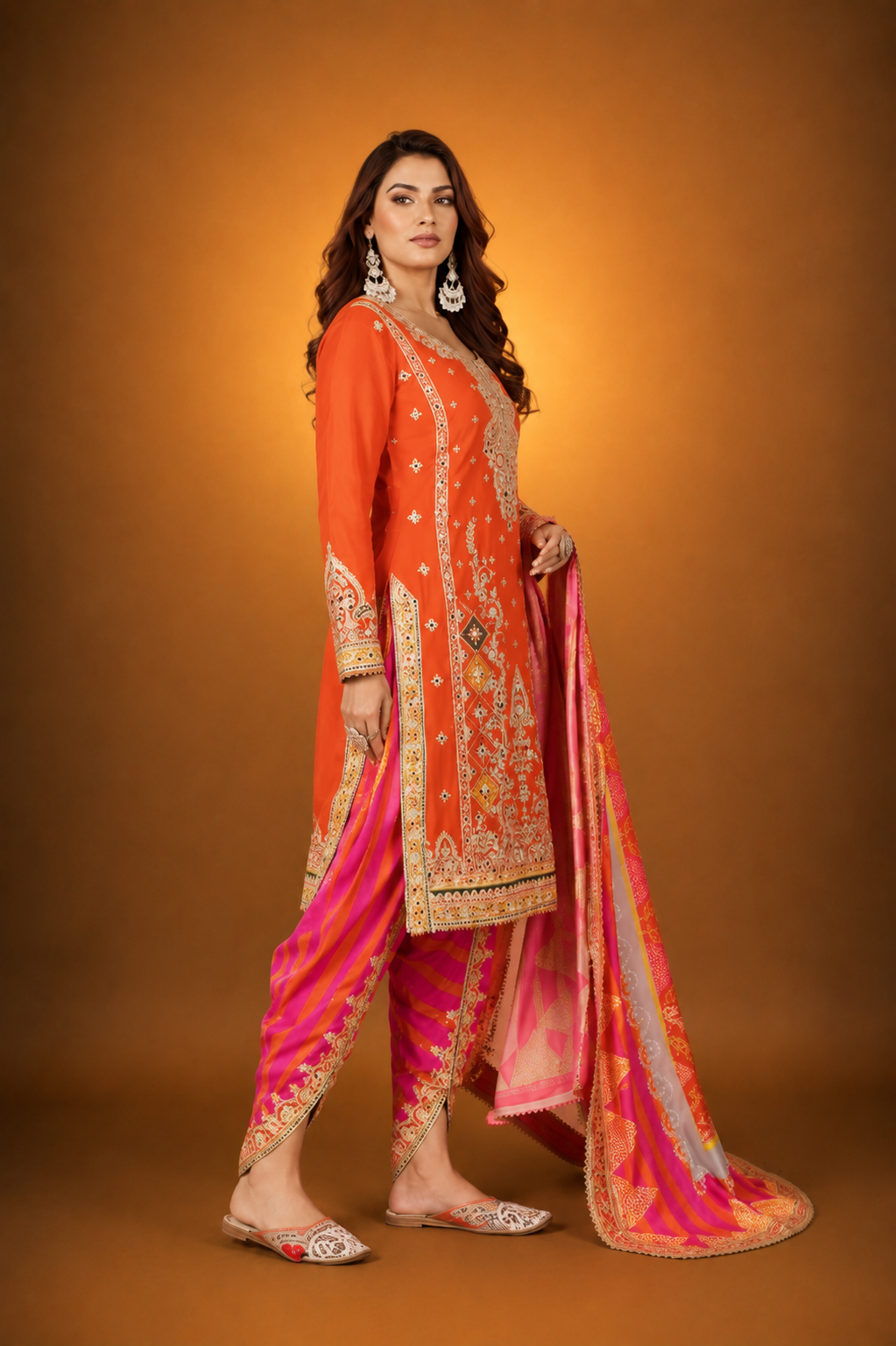 Orange Silk Suit with Zari Embroidery with Designer Dhoti Pant & Dupatta