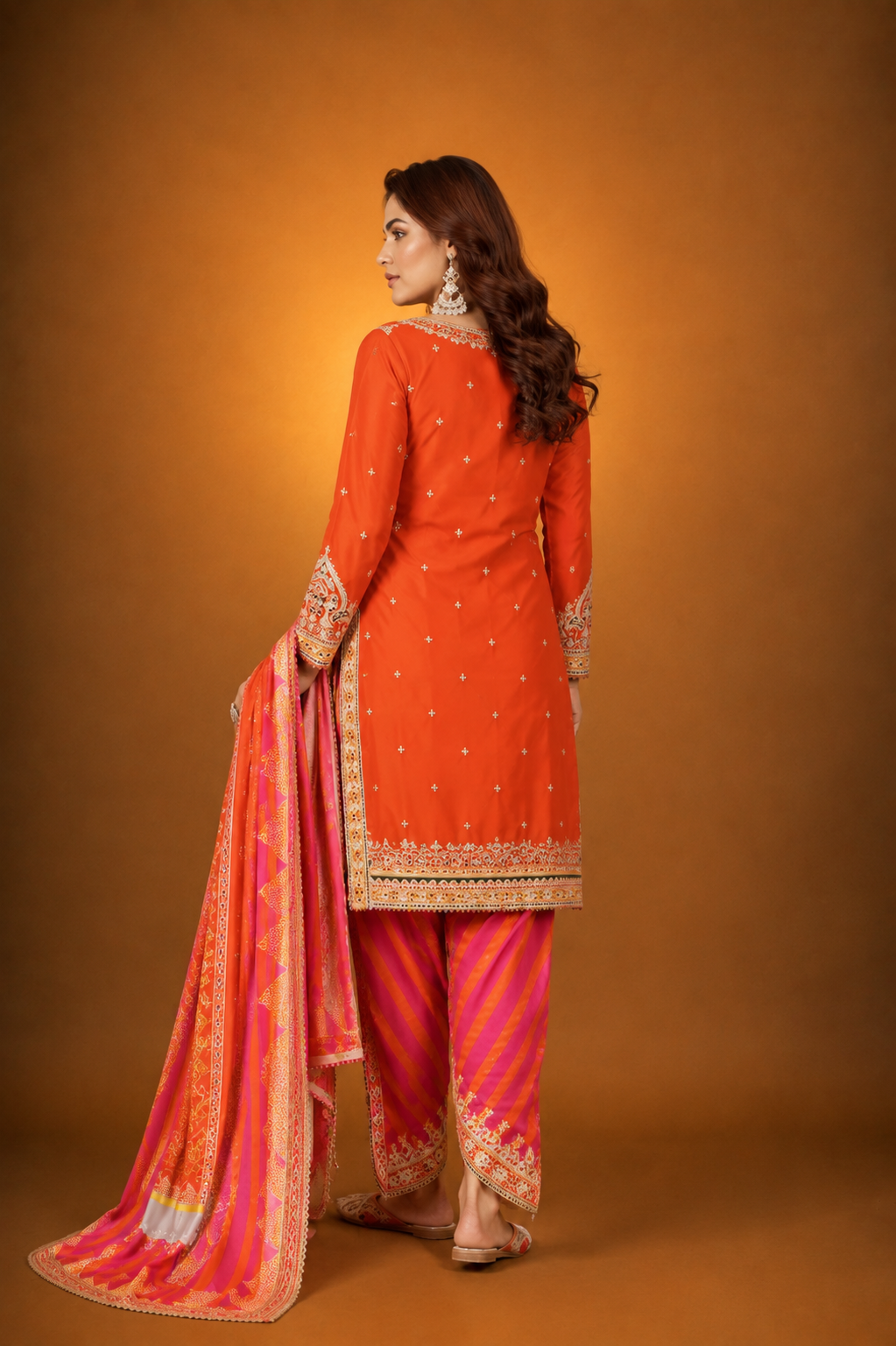 Orange Silk Suit with Zari Embroidery with Designer Dhoti Pant & Dupatta