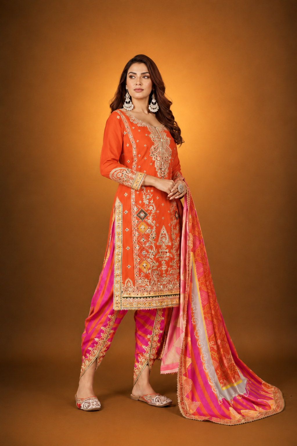 Orange Silk Suit with Zari Embroidery with Designer Dhoti Pant & Dupatta