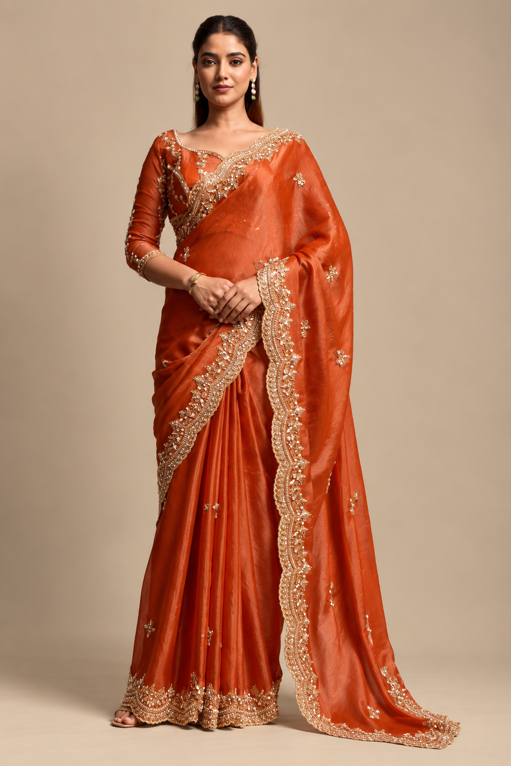Rusty Orange Organza Saree with Embroidery work