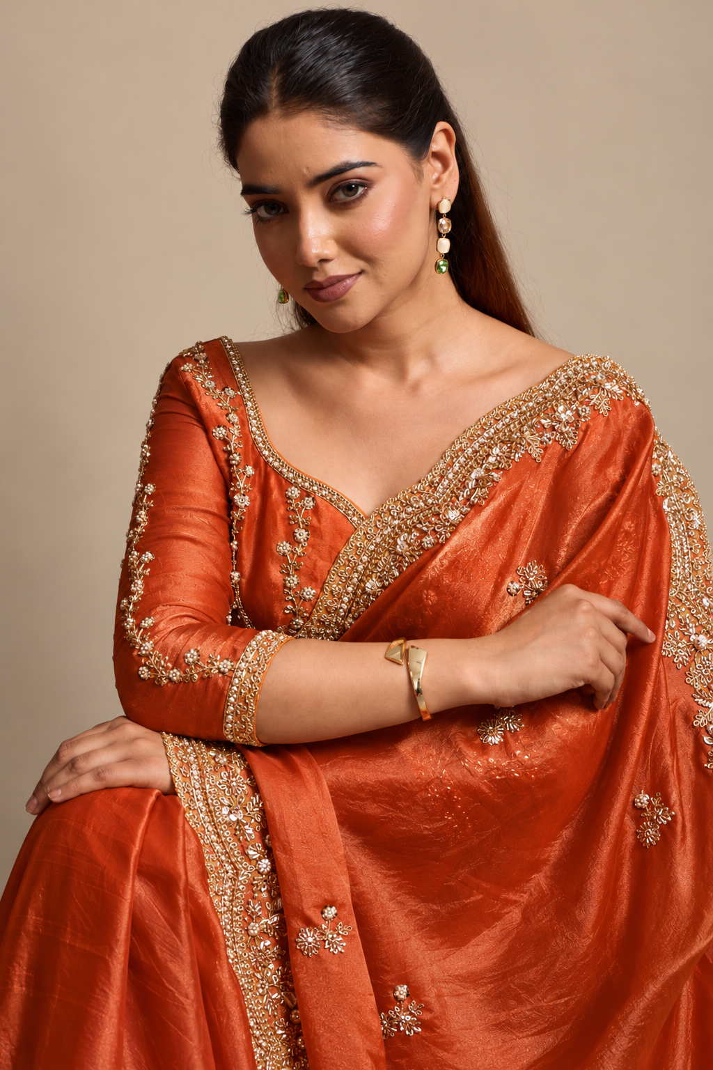 Rusty Orange Organza Saree with Embroidery work