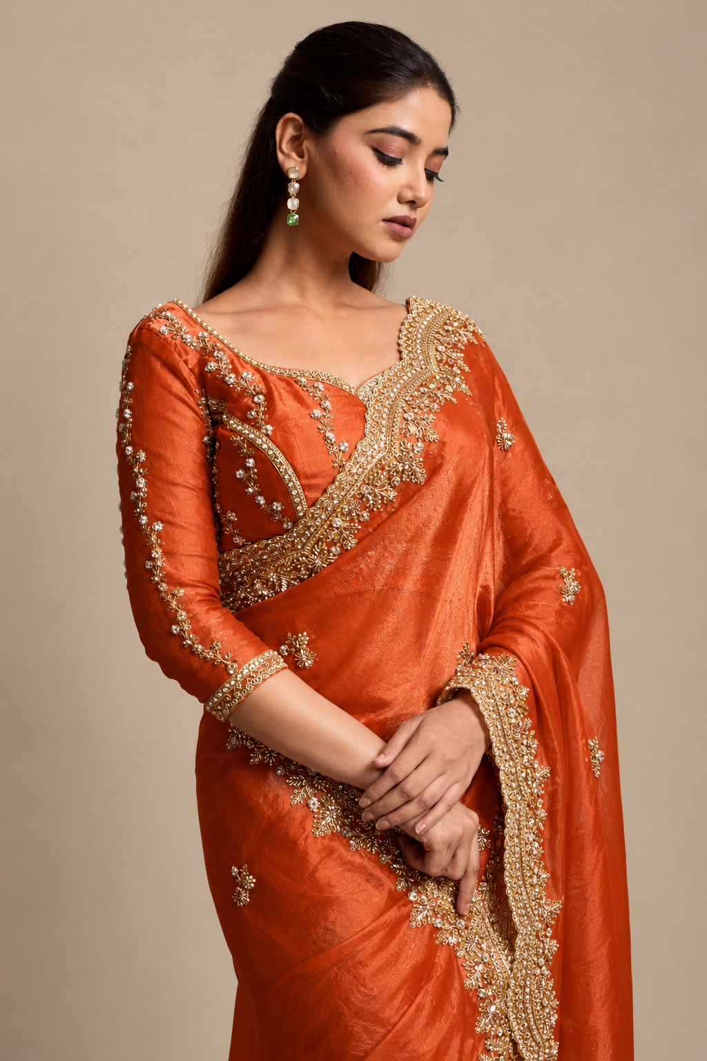 Rusty Orange Organza Saree with Embroidery work