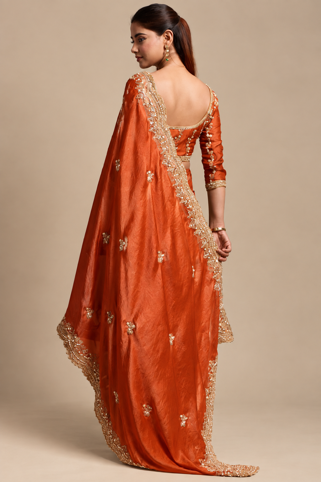 Rusty Orange Organza Saree with Embroidery work