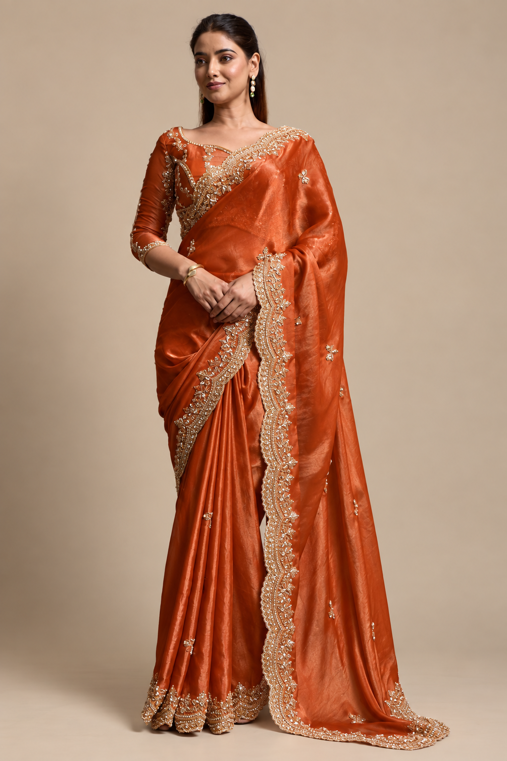 Rusty Orange Organza Saree with Embroidery work