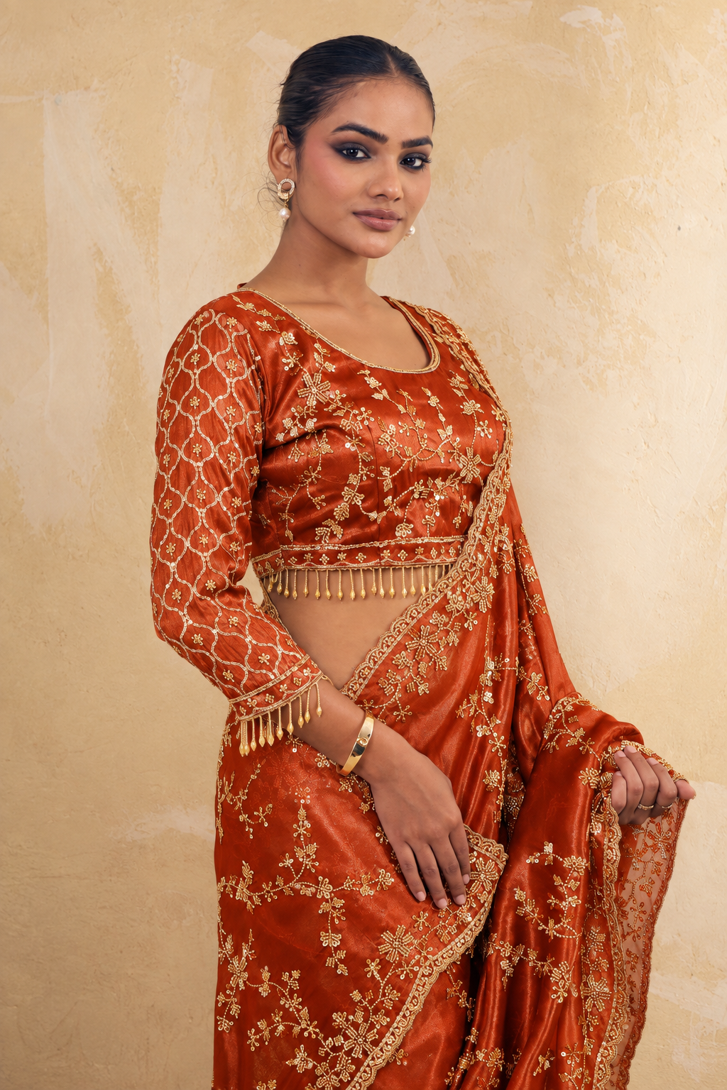 Rusty Orange Organza Saree with Embroidery work
