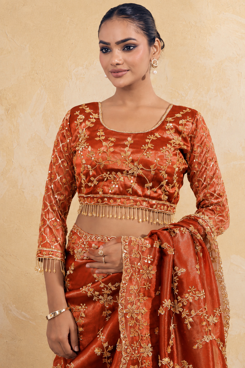 Rusty Orange Organza Saree with Embroidery work