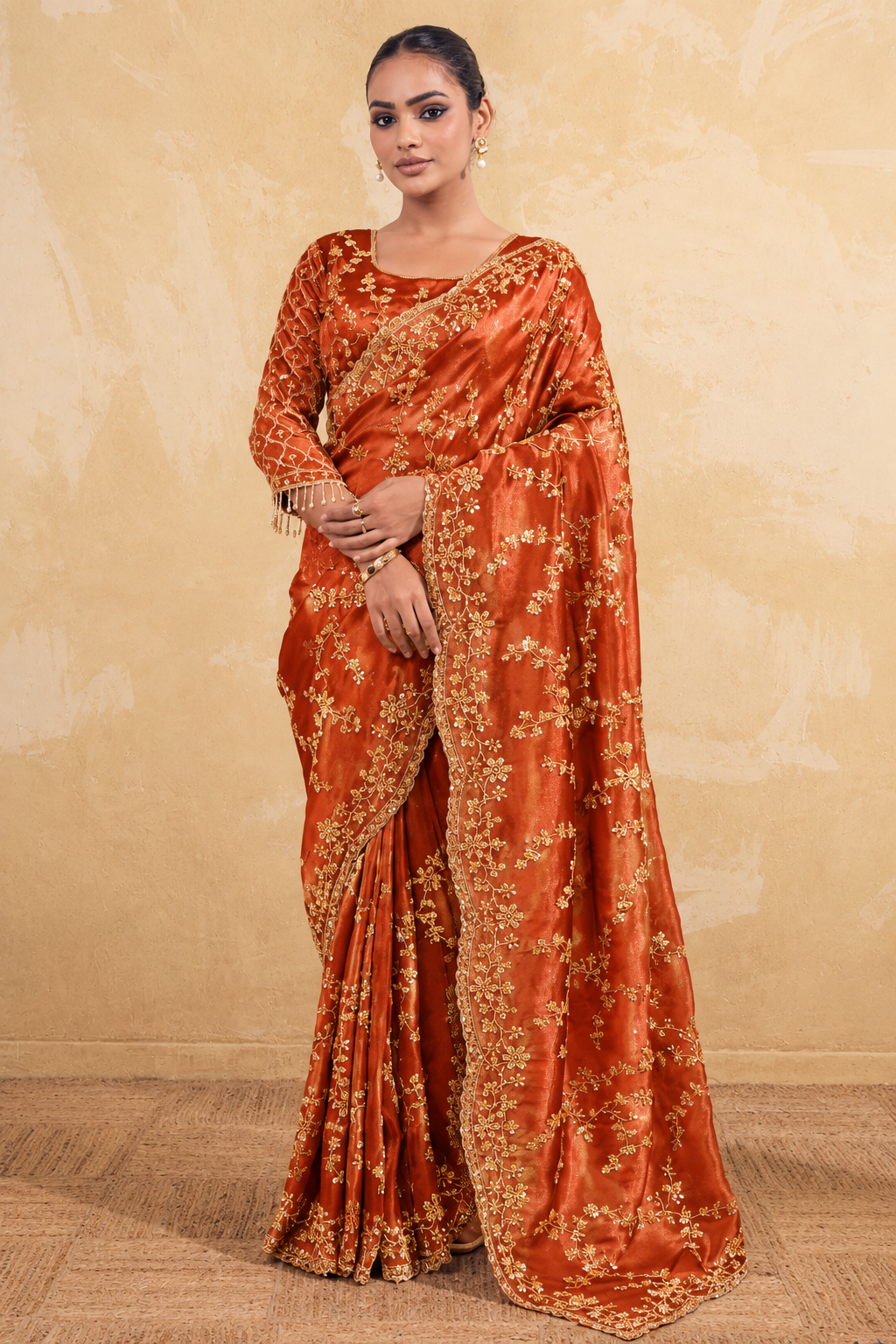 Rusty Orange Organza Saree with Embroidery work