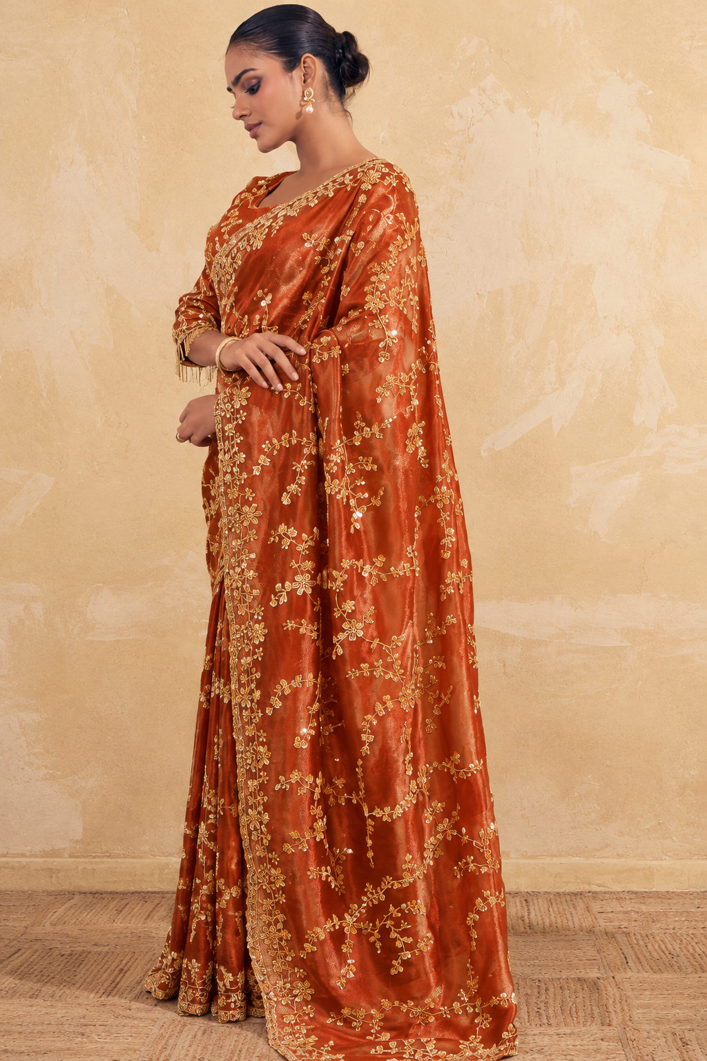 Rusty Orange Organza Saree with Embroidery work