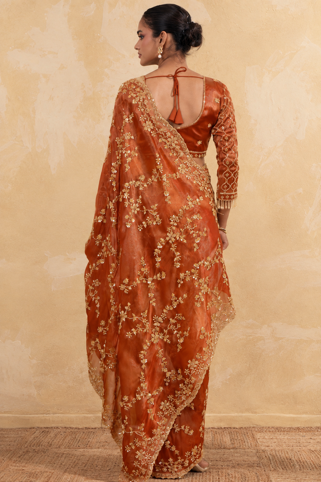 Rusty Orange Organza Saree with Embroidery work