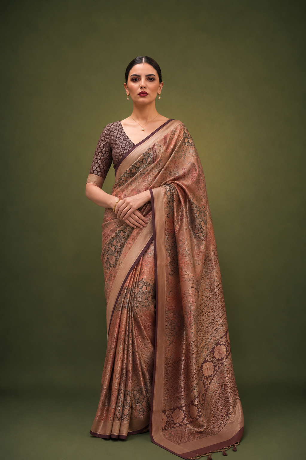 Coffee Brown Raw Silk Saree with Floral Motifs