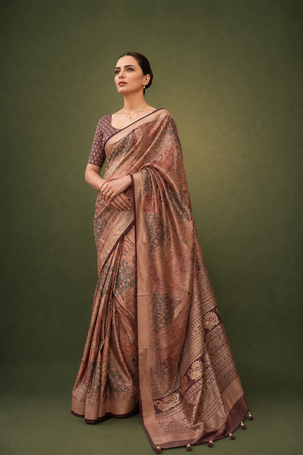 Coffee Brown Raw Silk Saree with Floral Motifs