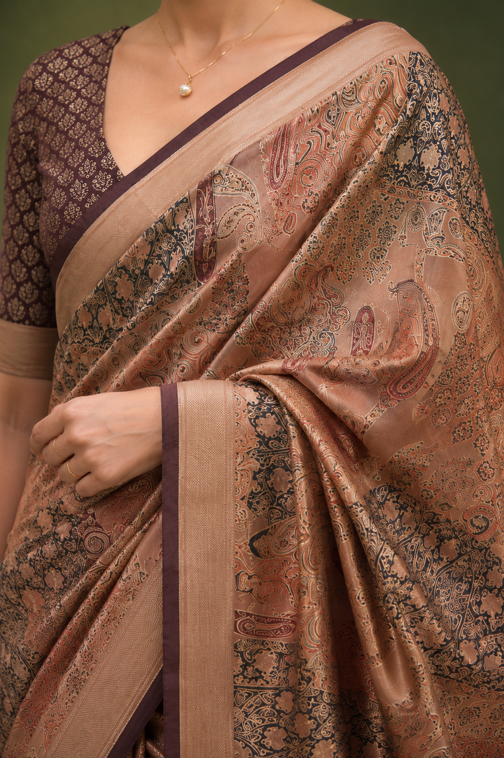 Coffee Brown Raw Silk Saree with Floral Motifs