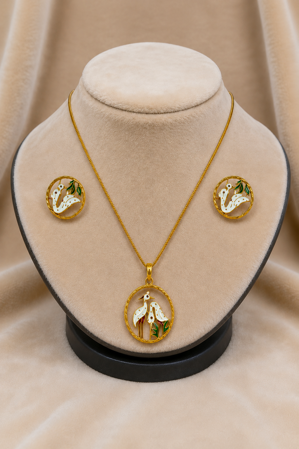 Gold-Tone Bird Motif Pendant Necklace Set with Enamel Design
