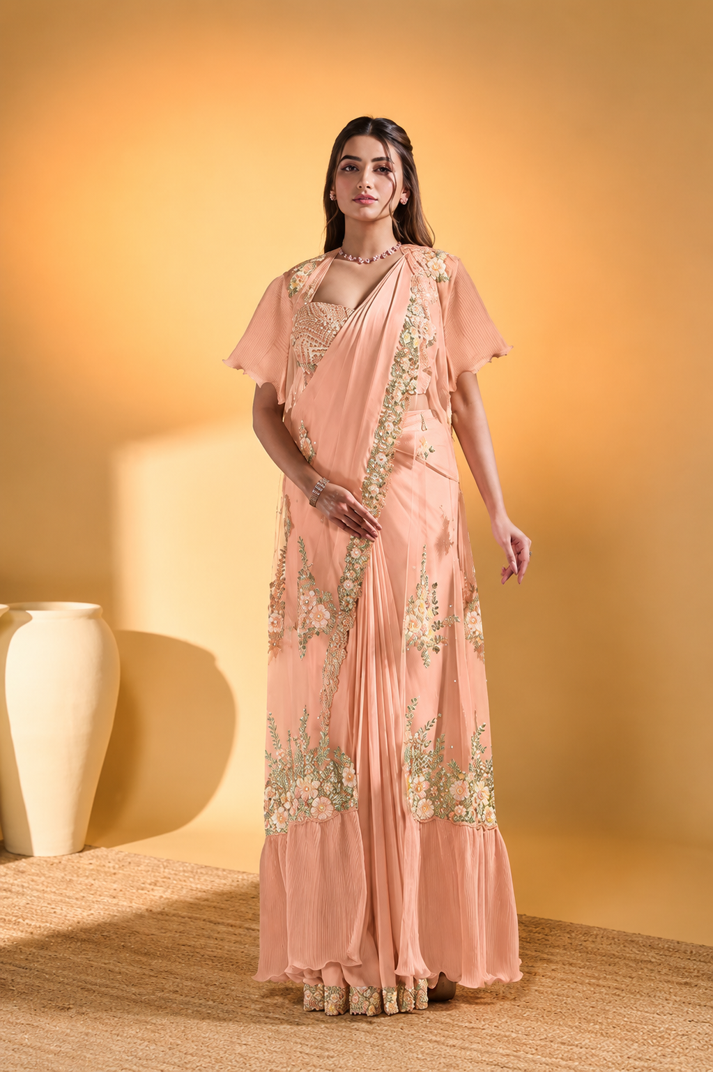 MAYRAKE Peach Ready-to-Wear Crepe Satin Silk Saree with Sequins & Moti Work